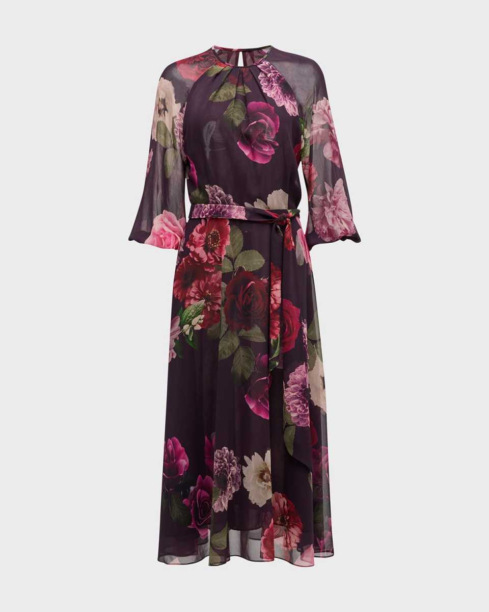 Belted Floral-Print Blouson-Sleeve Midi Dress